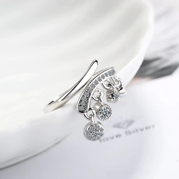 NEW Sterling Silver Diamond Drop Adjustable Ring - Picture 6 of 8